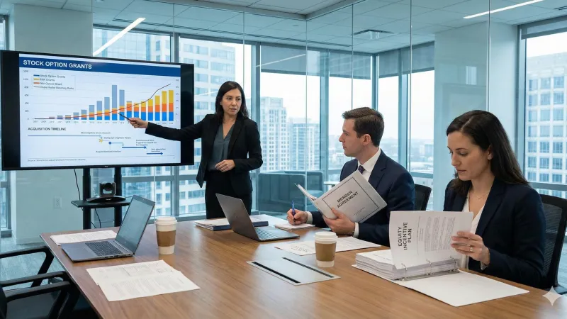Business meeting with a bar chart presentation, three people in a modern office.